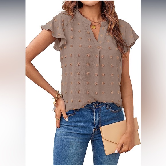 MEROKEETY Women's V-Neck Ruffle Blouse – Swiss Dot Short Sleeve Flowy Top For Summer 2024 | Casual & Dressy Tunic